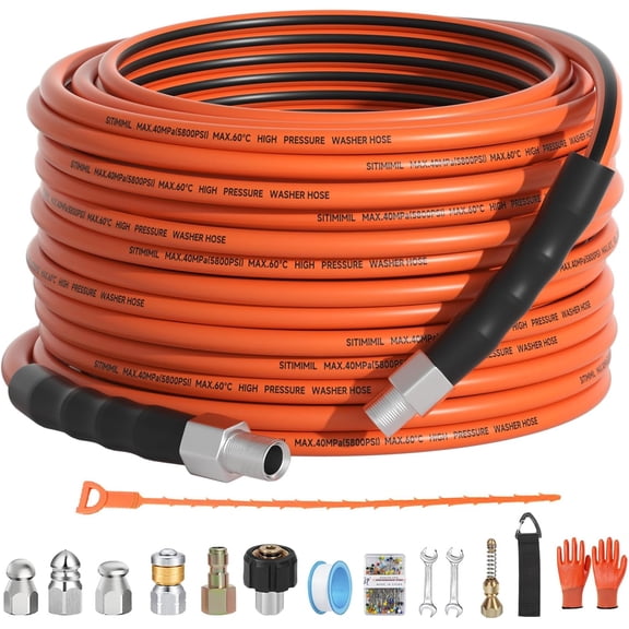 Sewer Jetter Kit for Pressure Washer 50FT,5800psi Drain Cleaner Hose 1/4 Inch Npt Corner, with 5 Sewer Jetting Nozzles Sealing Tape Pearl Corsage Pin Spanner Glove Drain Snake