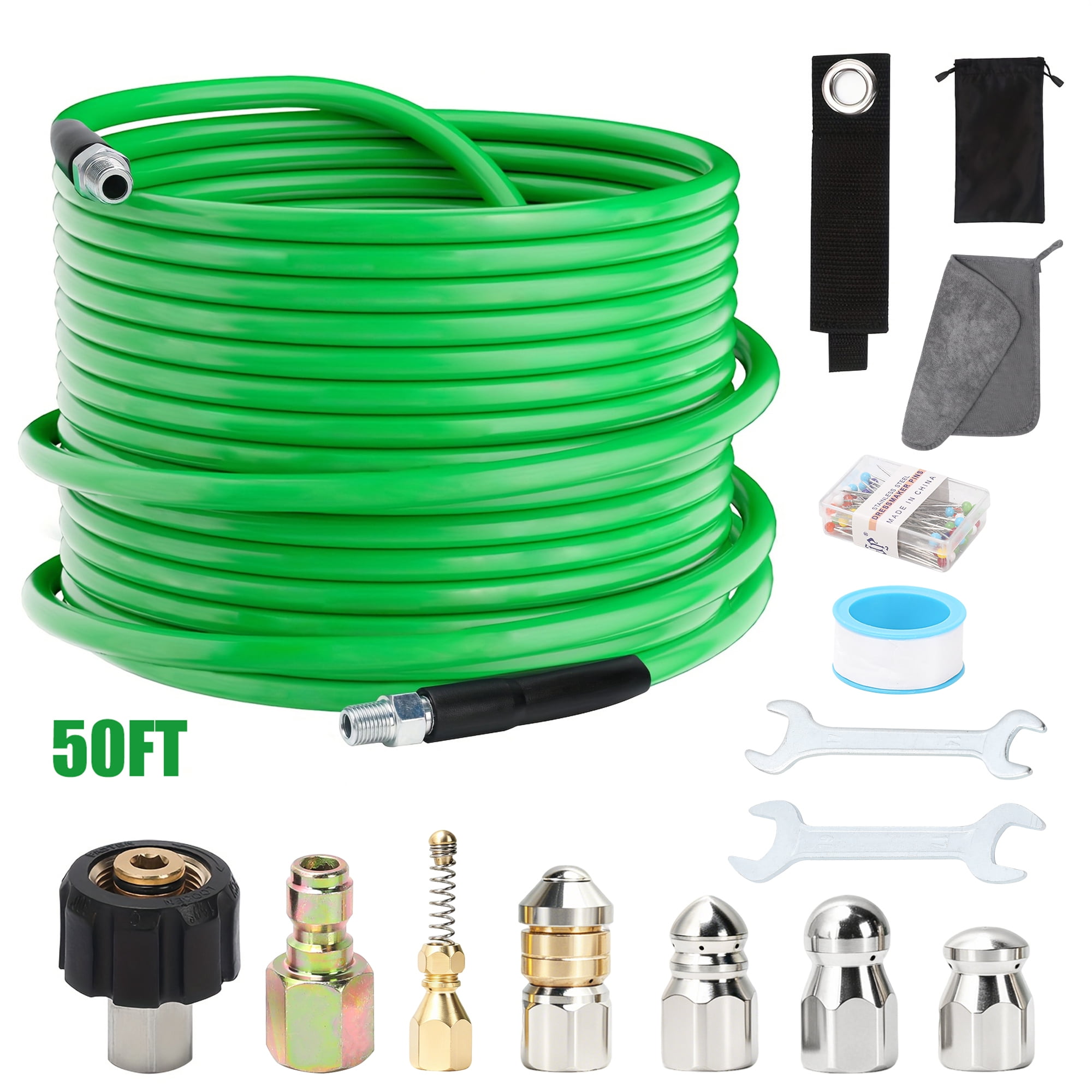 Sewer Jetter Kit for Pressure Washer, 50FT High Pressure Drain Cleaning Hose with Rotating, Corner & Button Nozzles, 5800 PSI Water Jet Sewer Cleaning Tool