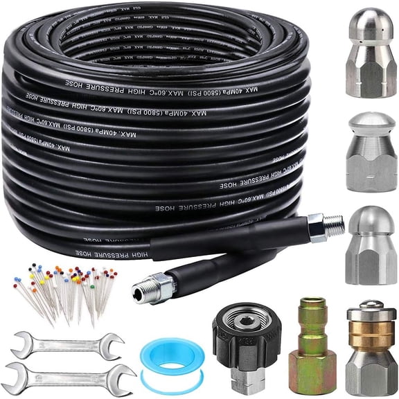 Sewer Jetter Kit for Washer 100FT, 5800PSI Drain Cleaner Hose 1/4 Inch NPT Corner, Rotating and Button Hose Sewer Jetting Nozzle Corsage Pin Tape with 2 Spanner
