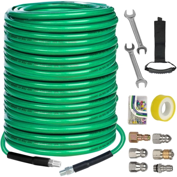 Sewer Jetter Kit for  Washer 200FT, 4000 PSI Drain Cleaner Hose 1/4 Inch NPT, Corner Rotating and Button Hose Sewer Jetting Nozzle  Corsage Pin Tape Handle Strap Spanner,