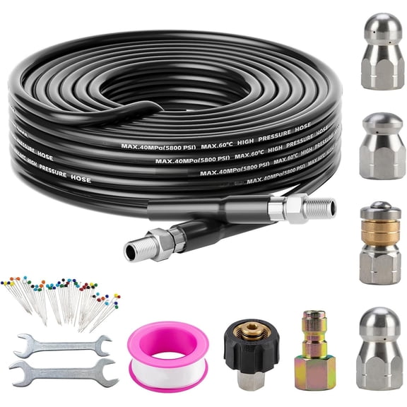 Sewer Jetter Kit for Washer 30FT,Drain Cleaner Hose 1/4 Inch NPT Corner, Rotating and Button Nose Sewer Jetting Nozzle Kit Tape Corsage Pin and Spanners,5800PSI