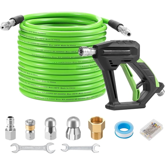 Sewer Jetter Kit for  Washer 50 FT, Short Power Washer , Drain Cleaner Hose 1/4 Inch NPT, Corner, Rotating and Button Nose Sewer Jet Nozzle, 3600 PSI