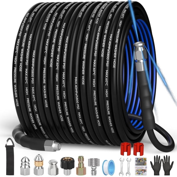 Sewer Jetter Kit for Washer(50FT),1/4" NPT Drain Cleaner Hose 5800PSI with 3 Sewer Jet Nozzles, Corsage Pin,Marking Ring, Nozzle,Teflon Tape&Gloves