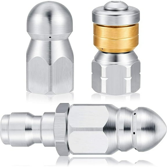 Sewer Jetter Nozzle Kit, 3-Pack Stainless Steel Jet Nozzles with Rotating, Button Nose, and Fixed Models, 1/4” Quick Connect, Up to 5000 PSI for Pressure Washer Drain Cleaning