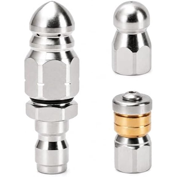 Sewer Jetter Nozzle Kit, 3-Pack Stainless Steel Jet Nozzles with Rotating, Button Nose, and Fixed Models, 1/4” Quick Connect, Up to 5000 PSI for Pressure Washer Drain Cleaning