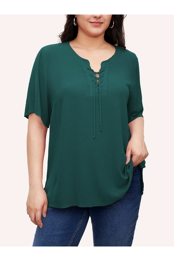 2025 Summer Women's Plus Size Tops Short Sleeve Eyelet Cross Rope Hollow V-Neck Elegant Blouses,1X/2X/3X/4X