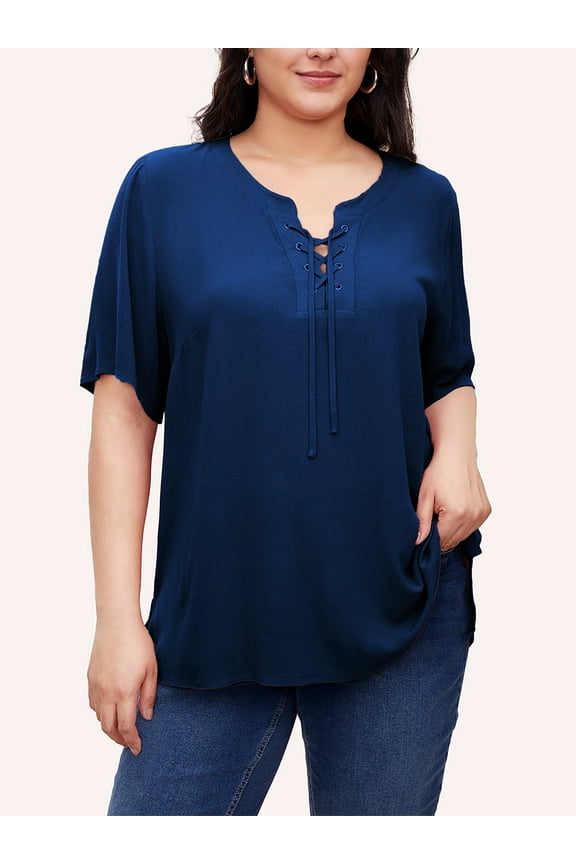 2025 Summer Women's Plus Size Tops Short Sleeve Eyelet Cross Rope Hollow V-Neck Elegant Blouses,1X/2X/3X/4X