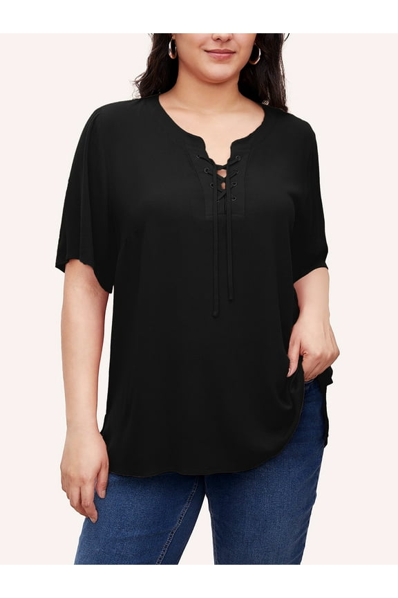 2025 Summer Women's Plus Size Tops Short Sleeve Eyelet Cross Rope Hollow V-Neck Elegant Blouses,1X/2X/3X/4X