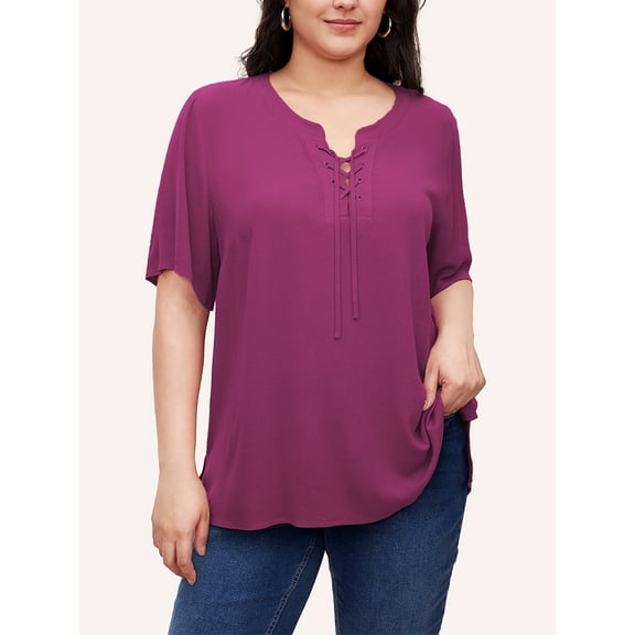 Sewify 2025 Summer Women's Plus Size Tops Short Sleeve Eyelet Cross Rope Hollow V-Neck Elegant Blouses,1X/2X/3X/4X