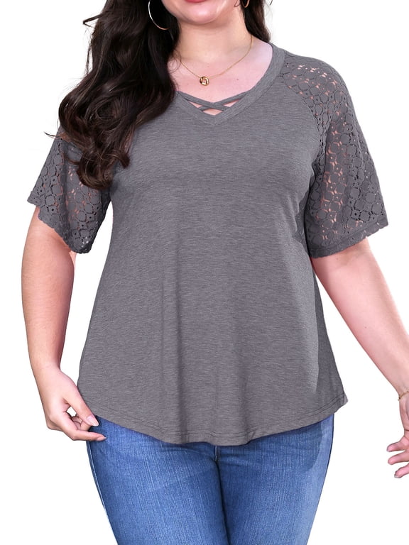 Women's Plus Size Tops Short Sleeve Lace Jacquard Spliced Loose Fit Tunic Shirts Cross Rope V Neck Blouses, 2X
