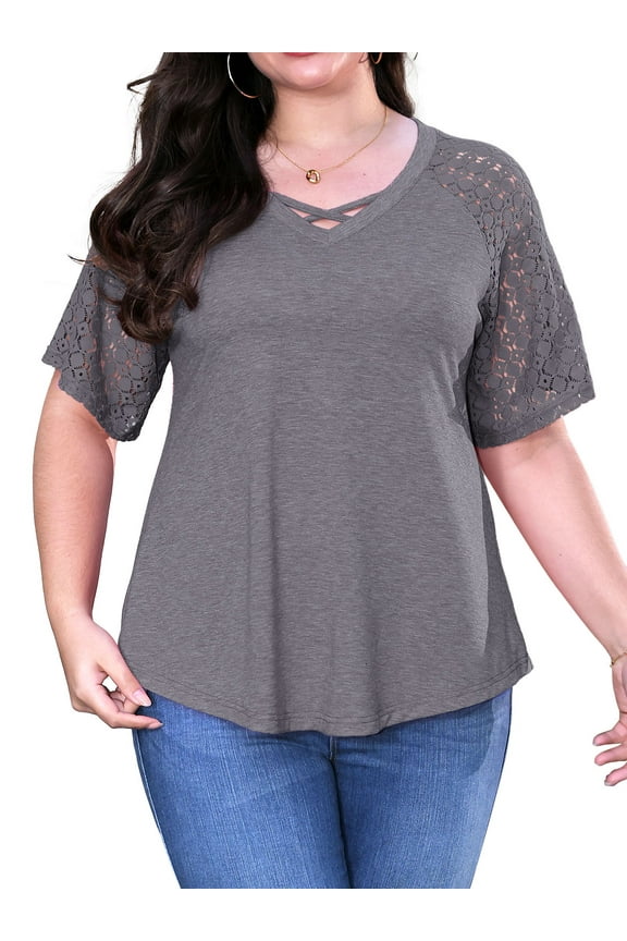 Women's Plus Size Tops Short Sleeve Lace Jacquard Spliced Loose Fit Tunic Shirts Cross Rope V Neck Blouses, 2X