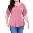thumbnail image 1 of Sewify Women's Plus Size Tops Short Sleeve Lace Jacquard Spliced Loose Fit Tunic Shirts Cross Rope V Neck Blouses, 1X, 1 of 6