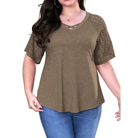 Sewify Women's Plus Size Tops Short Sleeve Lace Jacquard Spliced Loose Fit Tunic Shirts Cross Rope V Neck Blouses, 4X