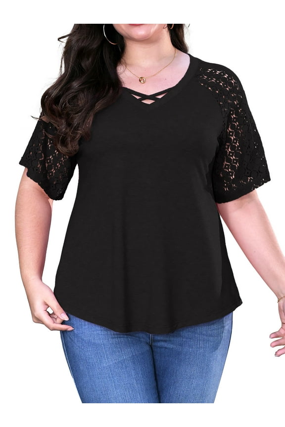Women's Plus Size Lace Jacquard Tunic Top, Short Sleeves, Cross Rope V-Neck, 3X