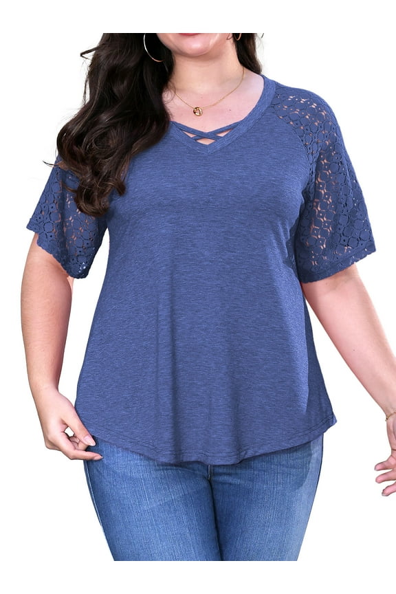 Women's Plus Size Tops Short Sleeve Lace Jacquard Spliced Loose Fit Tunic Shirts Cross Rope V Neck Blouses, 2X