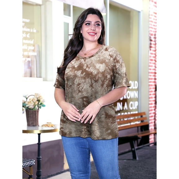 Sewify Women's Plus Size Tops Summer Short Sleeve Fashion Tie Dye T-Shirts Loose Fit Crew Neck Blouses, 3X