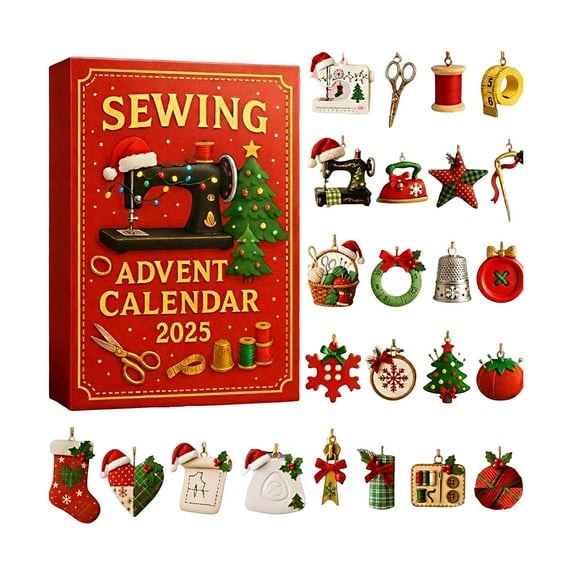 Sewing Advent Calendar 2025 with 24 Unique Sewing Themed Ornaments Countdown Box for Holiday Decoration,Christmas Party Gift