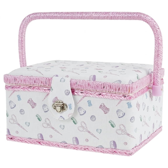 Sewing Basket Organizer with Removable Tray, Floral Wood Frame Sewing Box for Sewing Supplies Mending Kit Storage, Medium Size 9.45 x 9.89 Inches, Empty Box