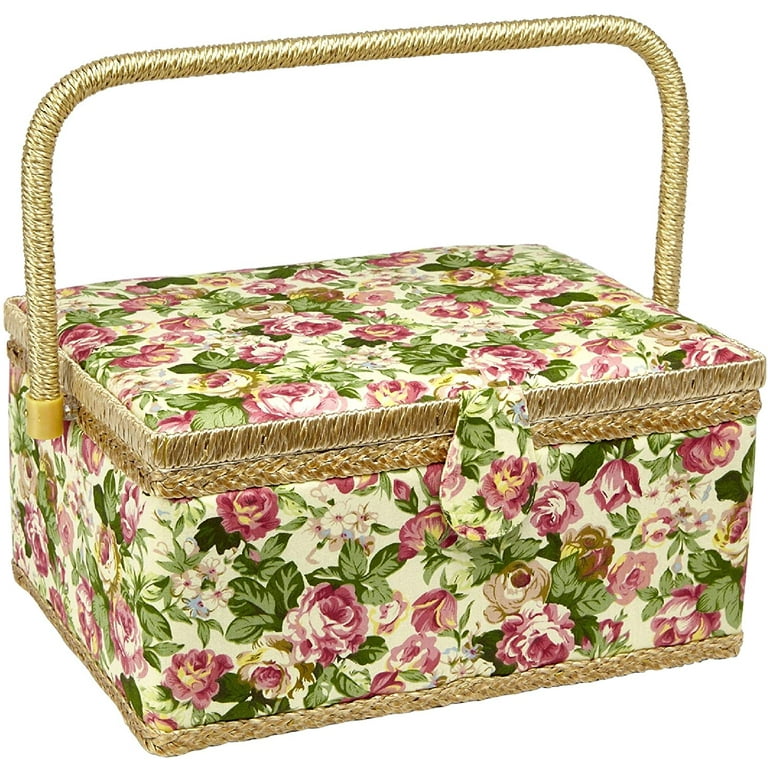 Sewing Basket with Floral Print Design - Sewing Kit Storage Box with Removable Tray, Built-In Pin Cushion and Interior Pocket - by Adolfo Design, Size