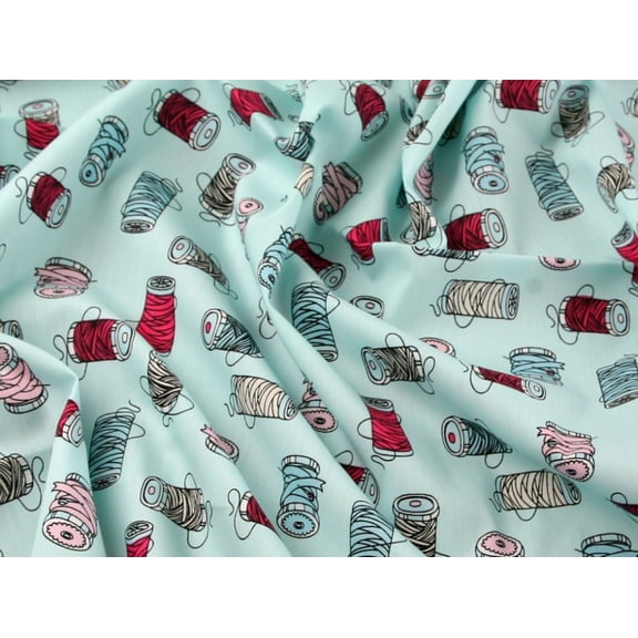 Sewing Bobbins Print Cotton Poplin Dress Fabric Aqua - per yard