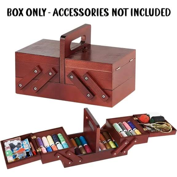 Sewing Box with Expandable Wooden Compartments, Portable Thread Organizer Brown Case for Crafts