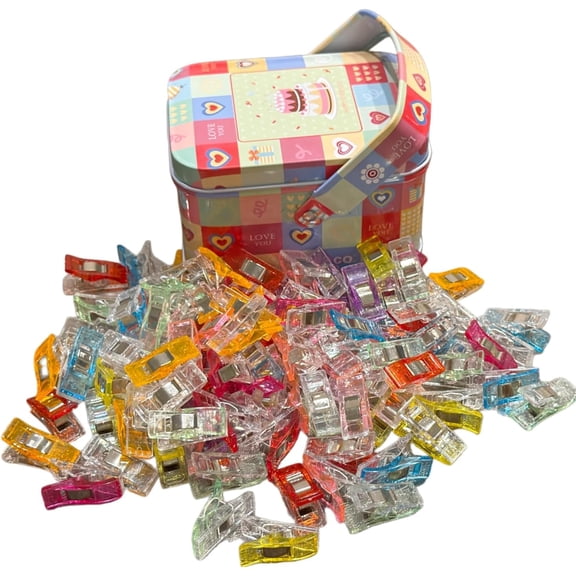 Sewing Clips 100 PCS with Tin Box, Assorted Fabric Clips for Quilting, Binding, Sewing Supplies and Quilting Supplies, Fabric Craft Clips, Alternative to Sewing Pins and Quilting Pins