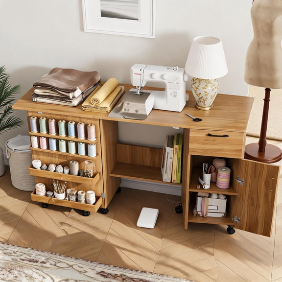 Sewing Craft Table with Storage Drawers & Wheels, Wooden Multipurpose Sewing Machine Cabinet with Open Shelves & Side Organizers, Craft Desk for Home Studio