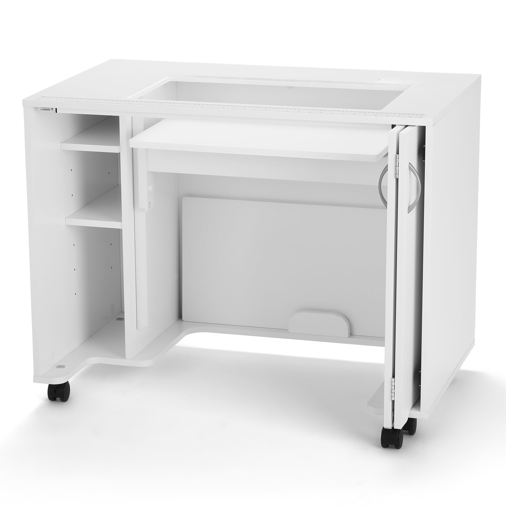 White Modular Sewing and Crafting Cabinet with Hydraulic Lift