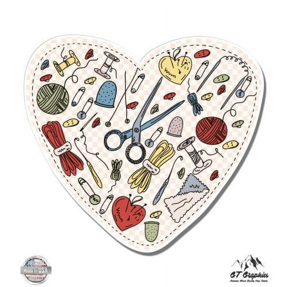 Sewing Heart - 3" Vinyl Sticker - For Car Laptop I-Pad Phone Helmet Hard Hat - Waterproof Decal