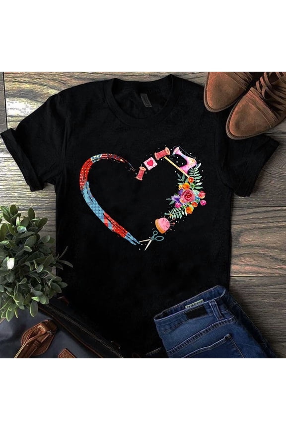 Sewing Heart Artistic Design For Quilters Tailors Graphic Tee Shirt,for men and women up to 5XL