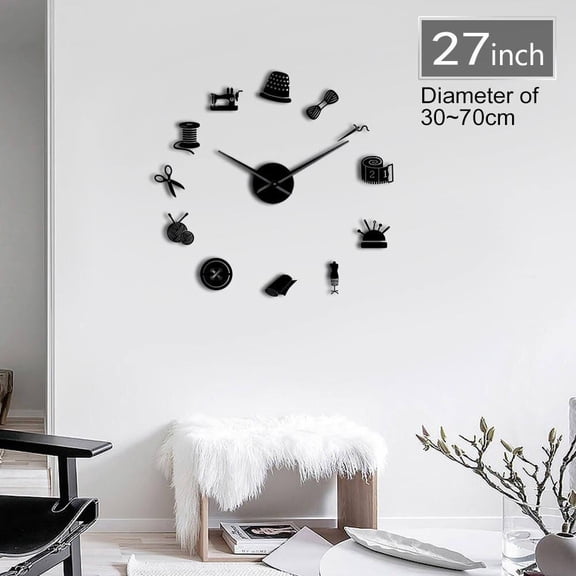 Sewing Instruments Tools Giant DIY Wall Clock Seamstress Designer Mirror Effect Wall Art Room Decor 3D Frameless Clock Watch(Black,27inch)