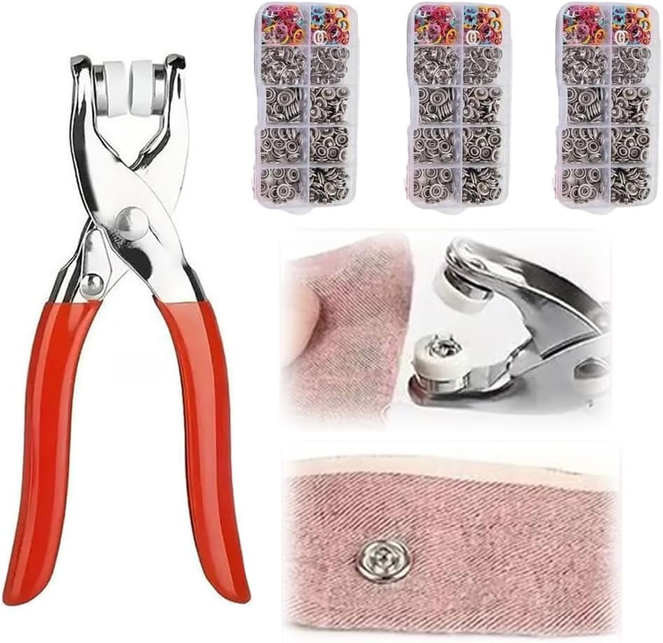 Sewing Kit with 100PCS Metal Buttons - Manual Pliers Tool Included, Snap Metal Button Kit with Tool for Fabric, Buttons and Pliers Tools Kits, Button System for DIY Crafts Clothe (Red-300pcs)