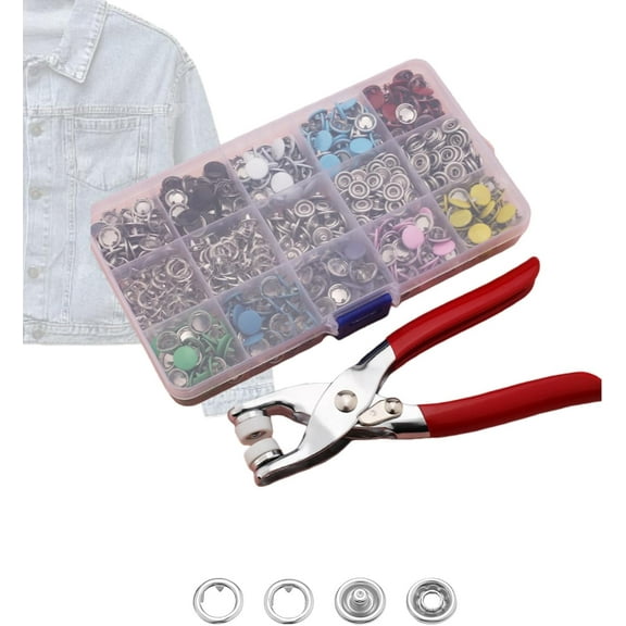 Sewing Kit with 100pcs Metal Buttons – Manual Pliers Tool Included, Manual Pressure Pliers for Sewing, for DIY Crafts Fabric Clothes Bag Jean, Easy to Use