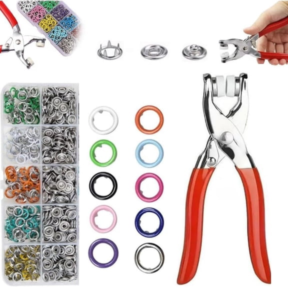Sewing Kit with 100pcs Metal Buttons – Manual Pliers Tool Included Metal Buckle Manual Pressure Pliers,Invisible Colored Buttons and Pliers Tool Kit for Clothing Fabric (Set A)