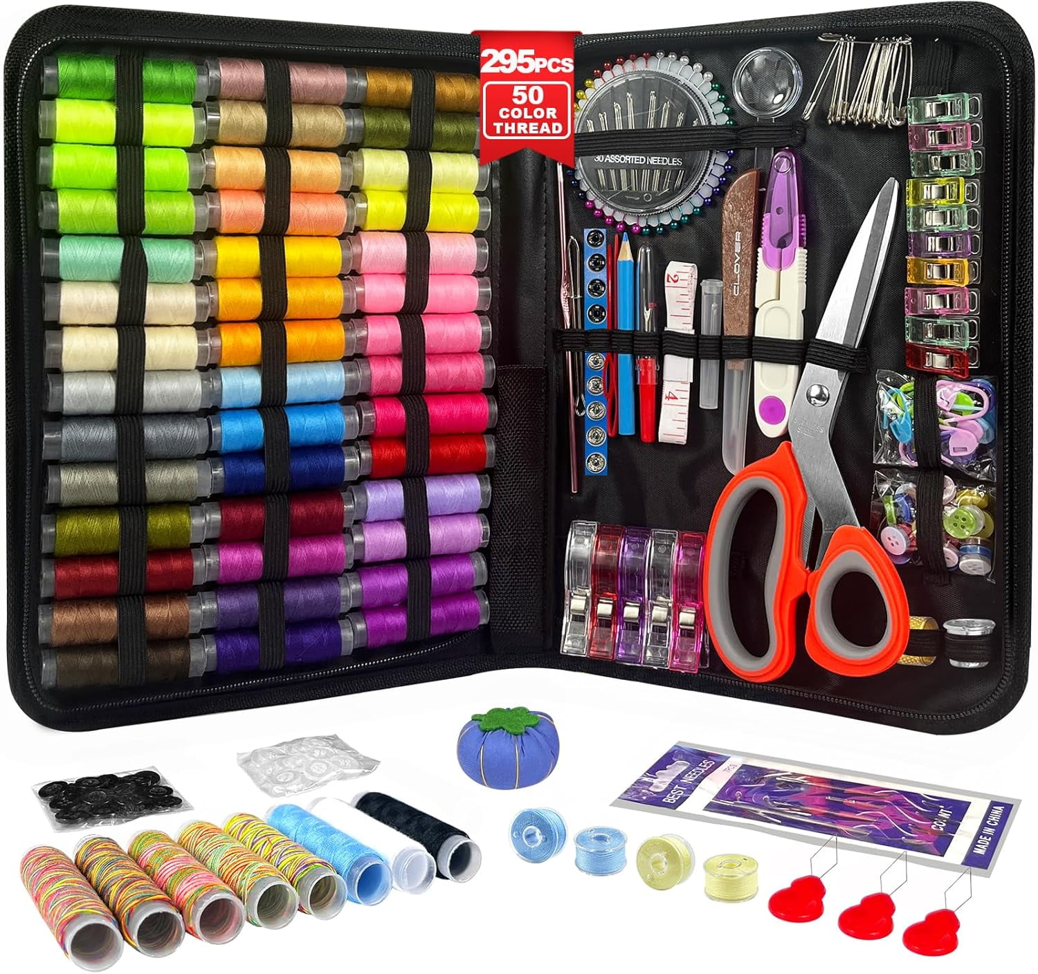 Sewing Kit for Adults, 50 Color Sewing Thread Kit, 295PCS Sewing Accessories with Ergonomic Scissors, Portable Professional Mending Essentials for Travel, Home, Beginners