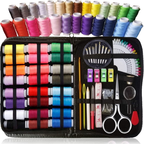 Sewing Kit for Adults and Kids (94 PCS) - Small Beginner Set w/Multicolor Thread, Needles, Scissors, Thimble & Clips - Emergency Repair and Travel Kits - Sewing Accessories and Supplies