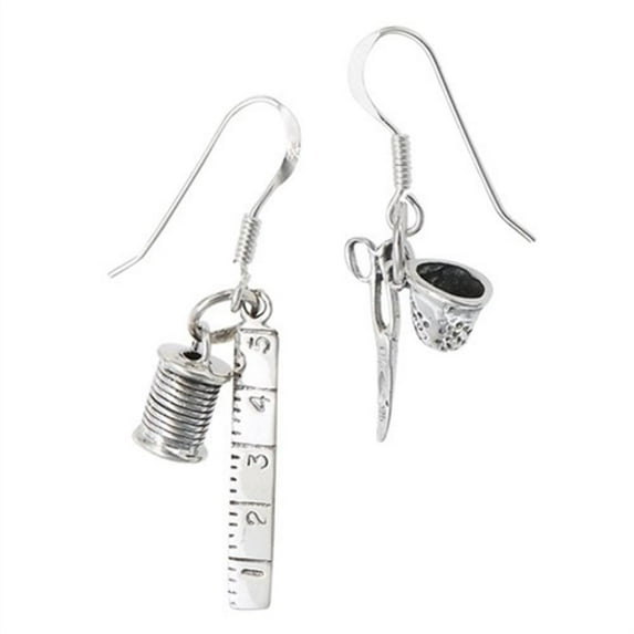 Sewing Kit Craft Lover Spool .925 Sterling Silver Scissors Dangle Thimble Earrings Jewelry Female