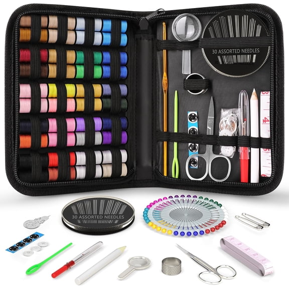 Sewing Kit Stocking Stuffers Christmas White Elephant Gifts for Adults Teen Girls Grandma Beginner Traveler, Portable Sewing Supplies Accessories with Thread, Needles, Scissors (Black, M)