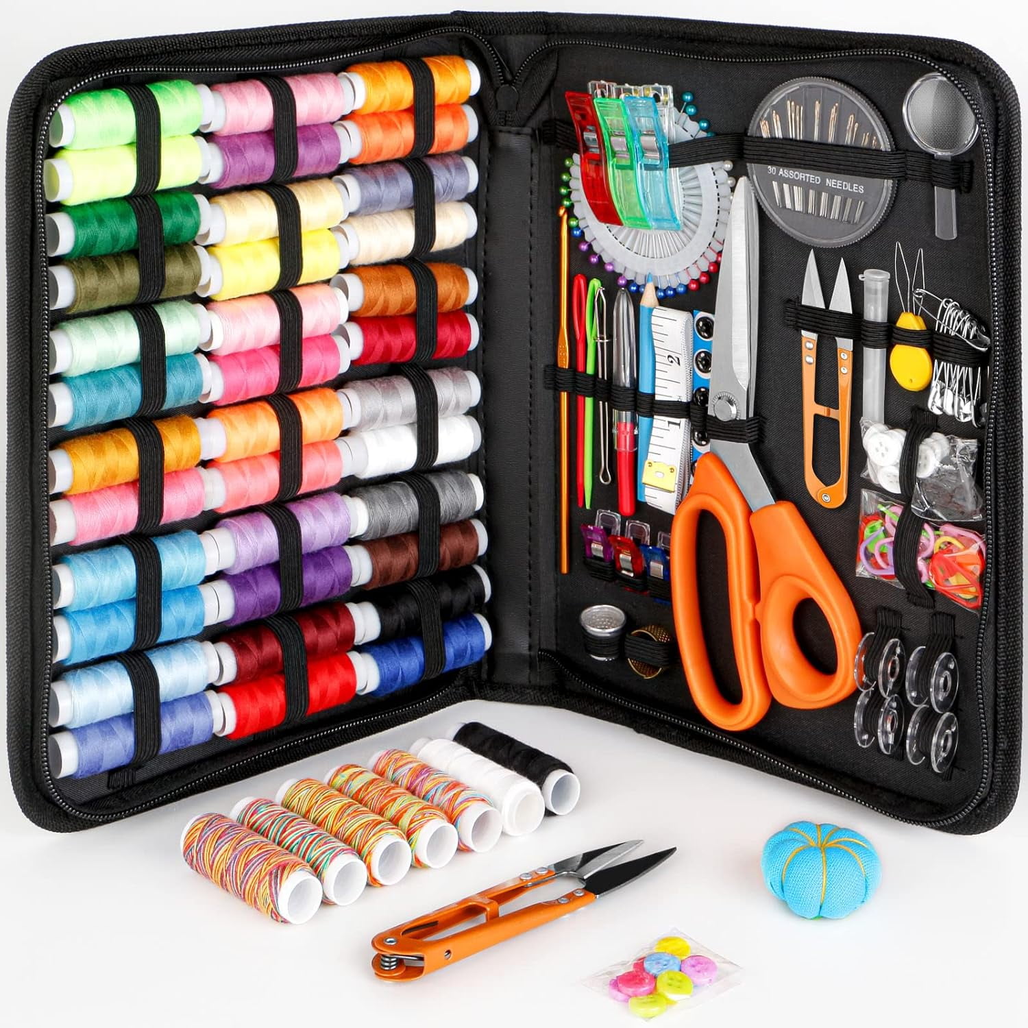 YWKJC Professional Sewing Kit for Adults - 43XL Thread Spools 30 Needles Tailor Scissors & More - Fabric Needle and Thread Kit for Travel & Beginners - All Seasons Black Sewing Sup