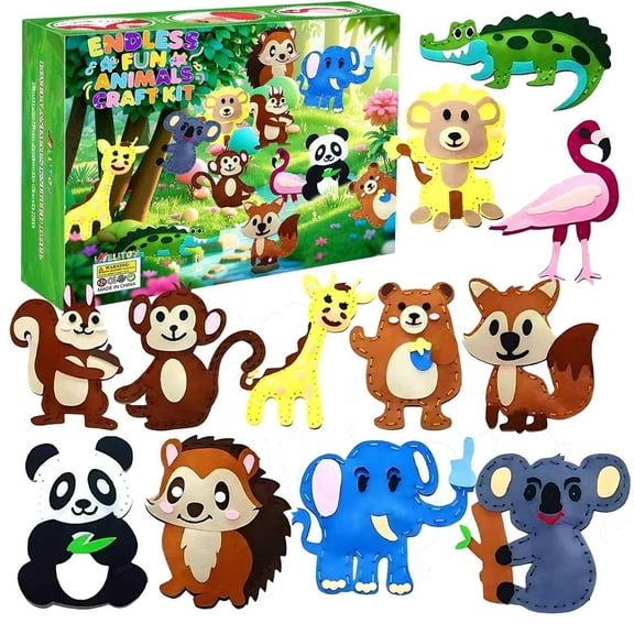 Easy Sewing Kit for Beginner Kids Arts & Crafts, 12 Easy DIY Projects of Stuffed Animal , Instructions & Felt, Birthday Gift for Girls, Boys, Learn to Sew