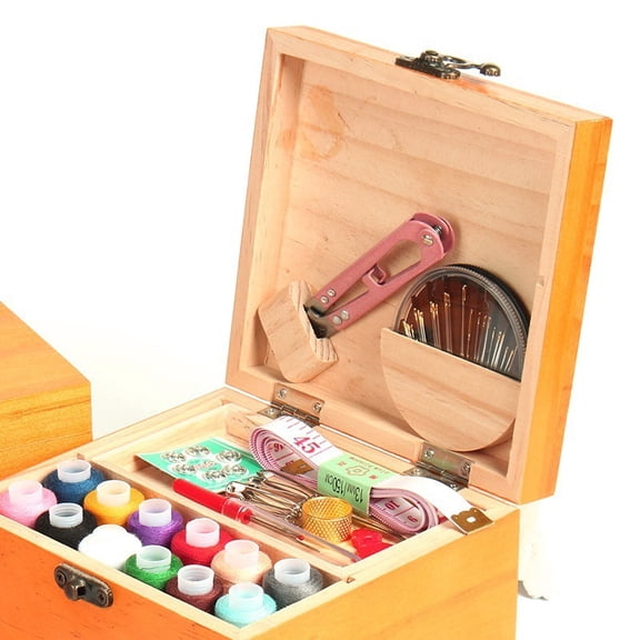 Sewing Kit with Wooden Box, Thread Needles Scissors and Repair Tools, Brown, 5.9 in