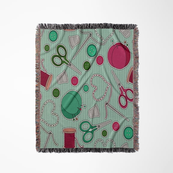 Sewing Love Print Green, Woven Blanket