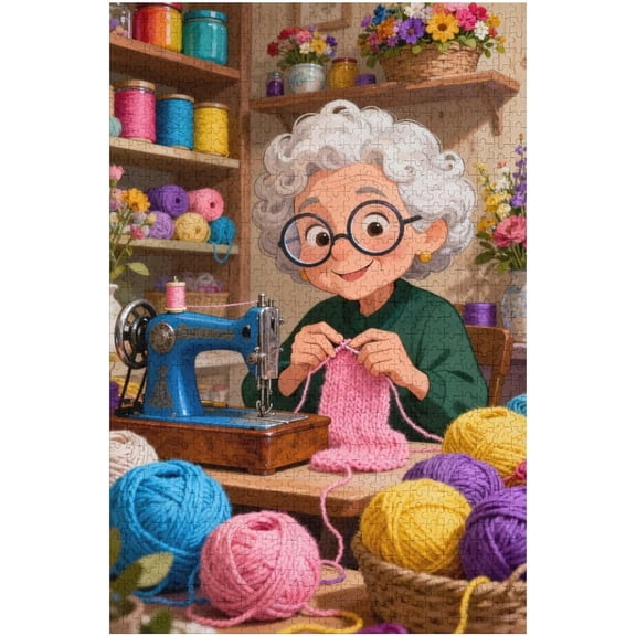 Sewing Machine 1000 Piece Puzzle for Adults, Cozy Craft Room with Yarn Flowers, Grandma Knitting World Jigsaw Puzzle, Fun and Challenging Family Game, Home Decor Gift for Women, Teens, Seniors
