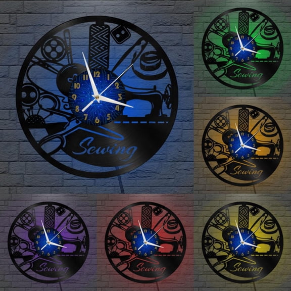 Sewing Machine 2 12 Inch Vinyl Record Wall Clock - Silent, Creative, and Unique Clock for Living Room, Entryway, or Bedroom Decor - Perfect Gift Idea(12 inchs B with LED)