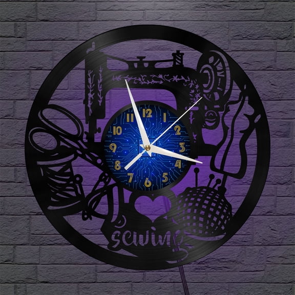 Sewing Machine 3 12 Inch Vinyl Record Wall Clock - Silent, Creative, and Unique Clock for Living Room, Entryway, or Bedroom Decor - Perfect Gift Idea(12 inchs B with LED)