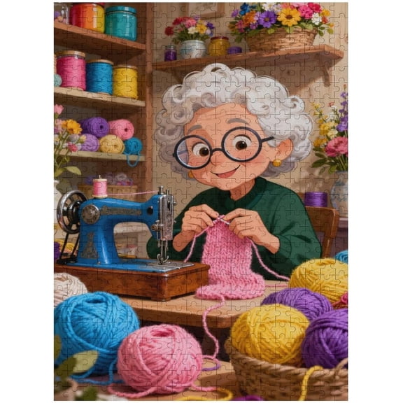 Sewing Machine 500 Piece Puzzle for Adults, Cozy Craft Room with Yarn Flowers, Grandma Knitting World Jigsaw Puzzle, Fun and Challenging Family Game, Home Decor Gift for Adults, Seniors
