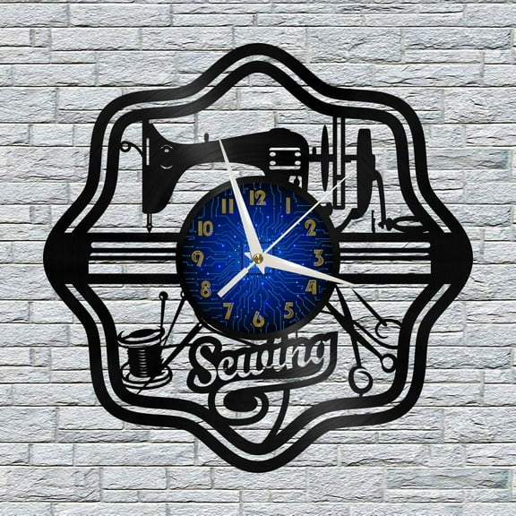 Sewing Machine 8 12 Inch Vinyl Record Wall Clock - Silent, Creative, and Unique Clock for Living Room, Entryway, or Bedroom Decor - Perfect Gift Idea(12 inchs B without LED)