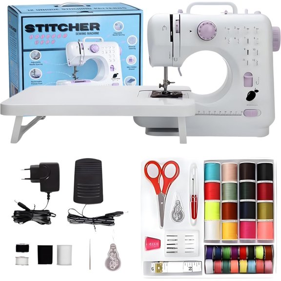 Sewing Machine, Basic Sewing Machine with Foot Pedal, Stitching Machine For With Sewing Kit, Dual Threads Electric Tacking Machine for Beginners (Table + Kit) (Purple Accent)