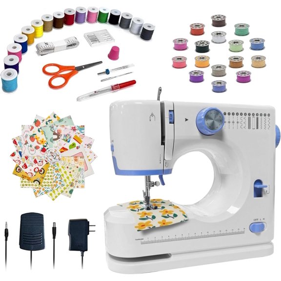 Sewing Machine for Beginners with 20 count Fabric & 32 count Sewing Threads Kit,Portable Sewing Machine with 12 Built-in Stitches & 2 Speed(High-Low Speeds)-BW725