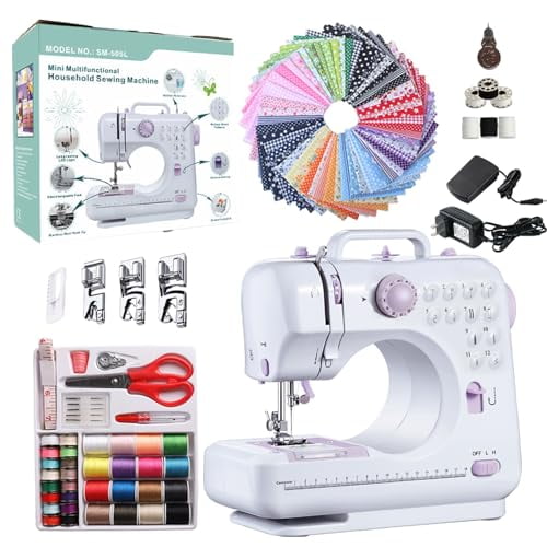 Sewing Machine for Beginners,Electric Portable Mini Sewing Machine with 50 Pcs Fabric and 32 Pcs Sewing Threads Kit,12 Built-in Stitches 2 Speed with Foot Pedal
